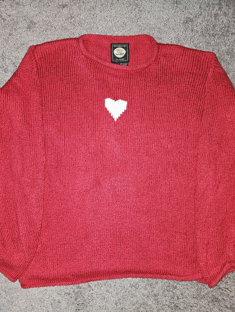 Planet Earth Sweater Red With White Heart Front & Back 100% Cotton Sz M